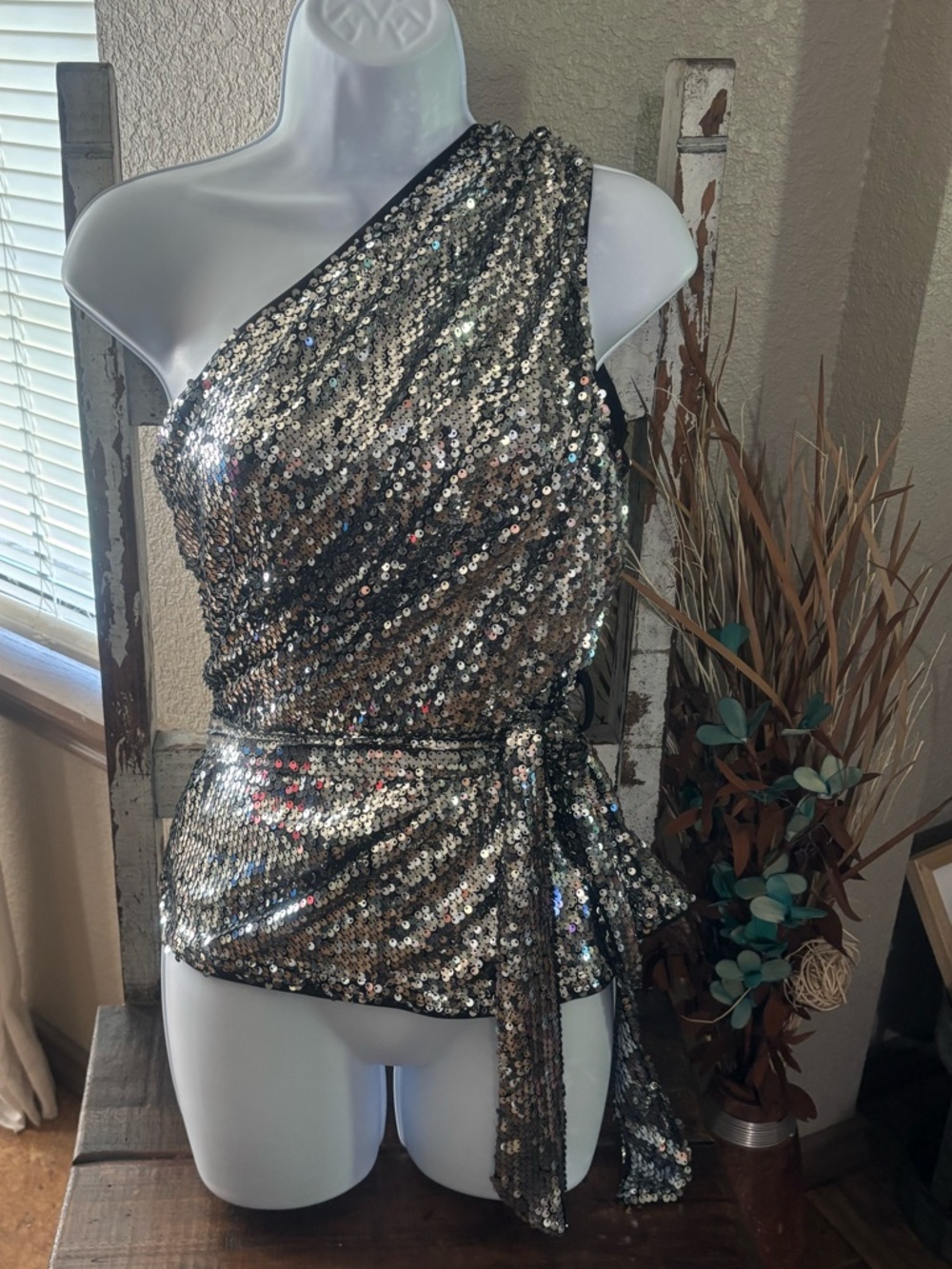 Asymmetrical Metallic Sequin Wrap Top with Wrap Around Belt